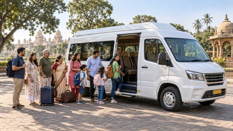 Group preparing to travel from Mysore in a white passenger vehicle